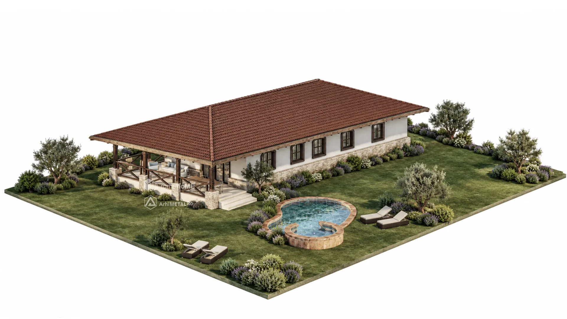 Axonometria Casei Valeria, cu terasa și piscina