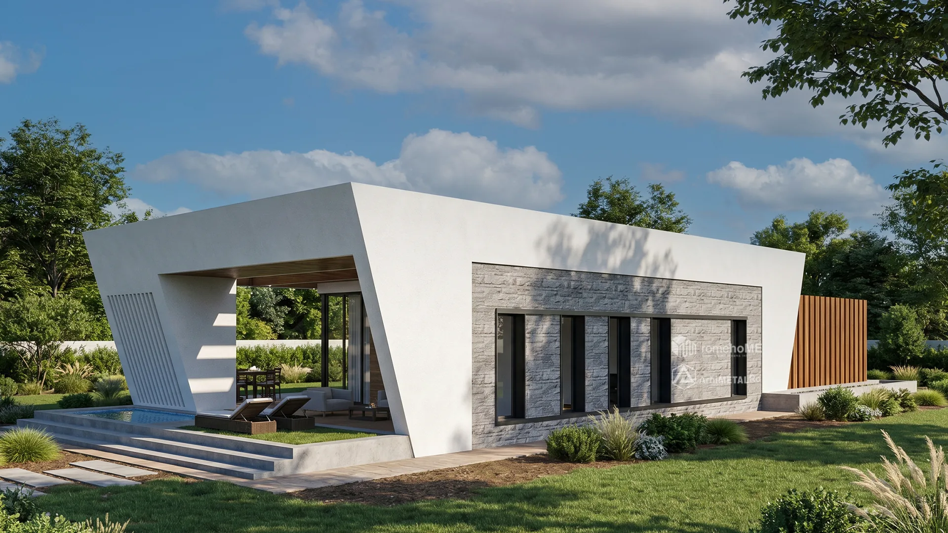 Casa Velia, cu acoperișul înclinat sculptural și piscina