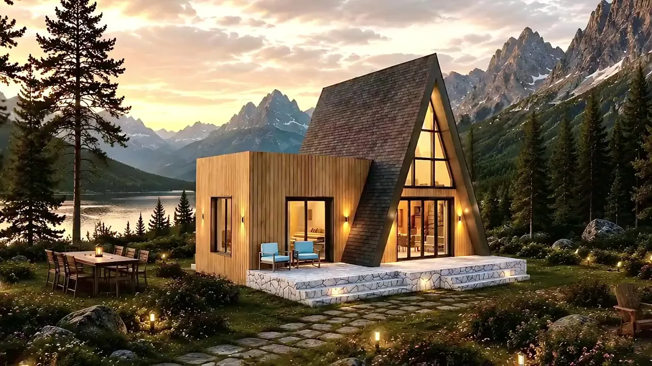 Casa Amira, A-Frame cu volum anexă din lemn, la lac, între munți