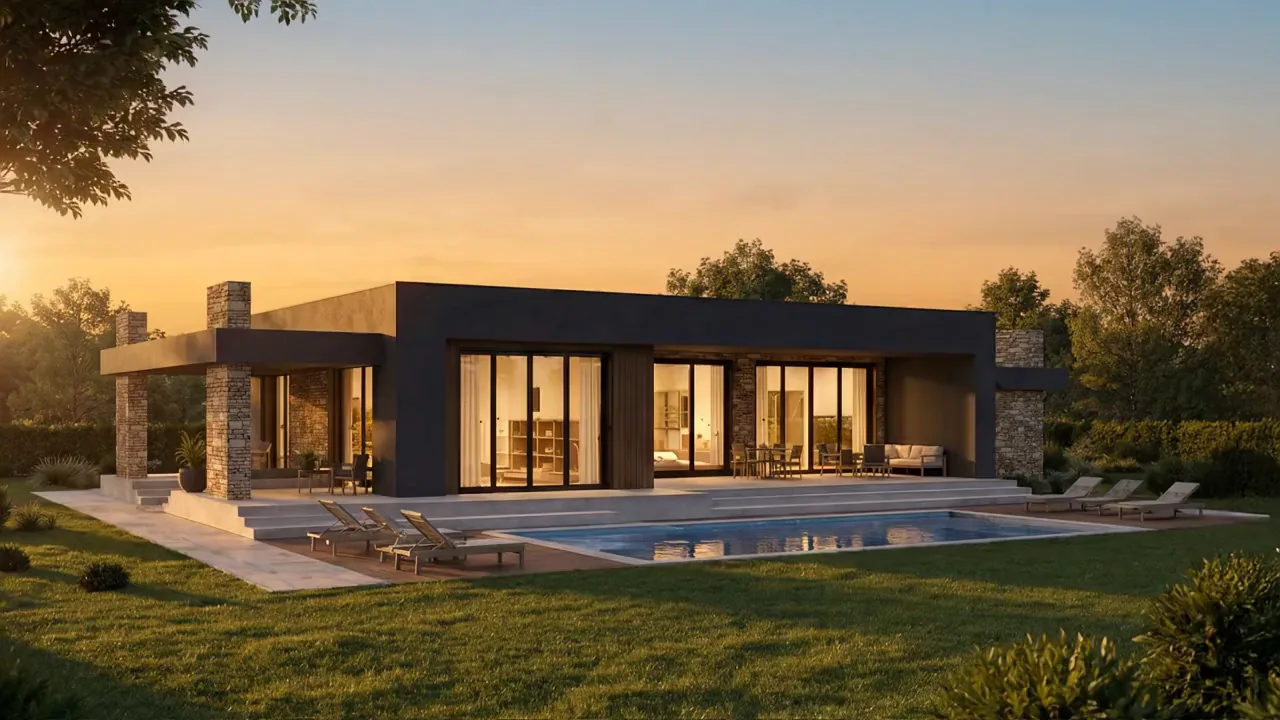 Casă contemporană pe parter, cu placare de piatră și piscină, la asfințit