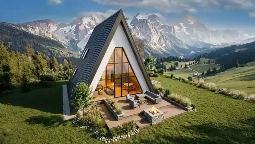 Casă A-frame cu fațadă vitrată, pe o pajiște cu munți în fundal