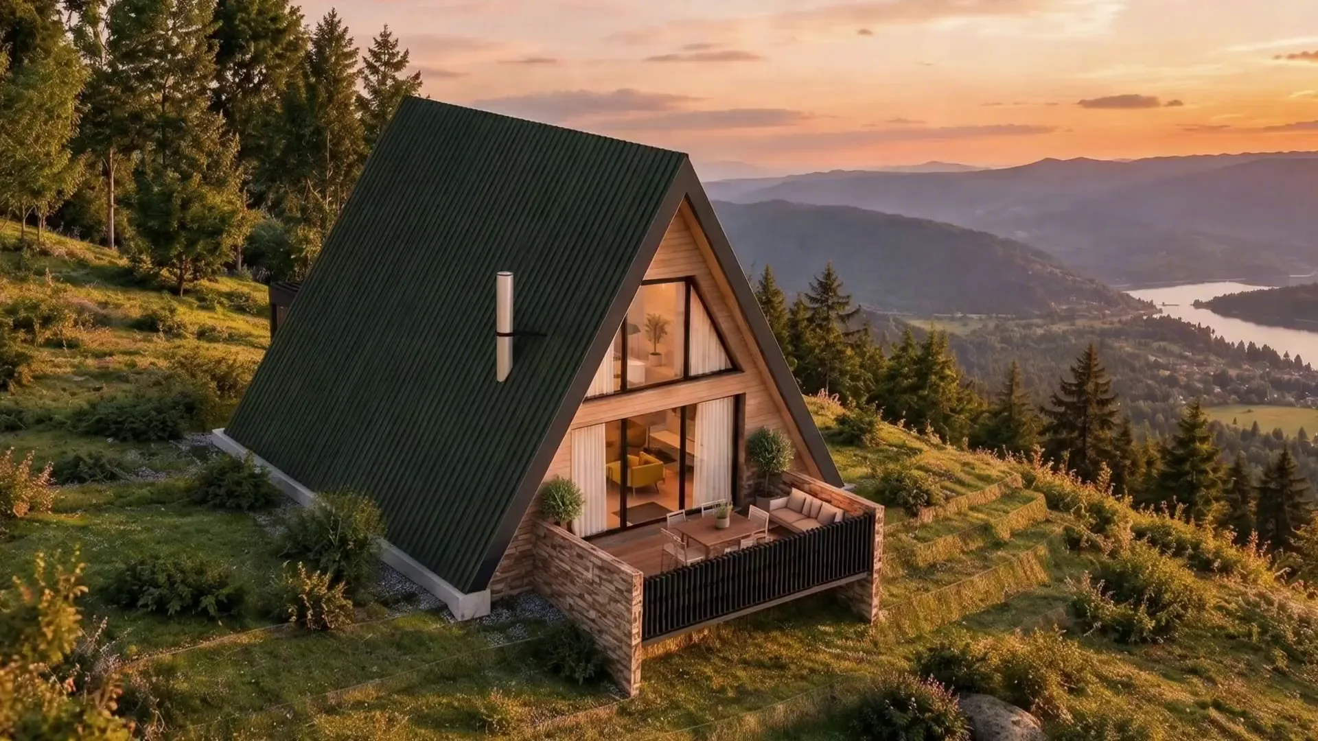 Casa Bianca, A-frame cu acoperiș verde coborât până la sol și terasă pe soclu de piatră, pe o culme la asfințit