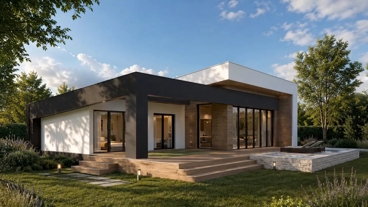 Casă contemporană pe parter, cu placare de piatră și lemn și piscină