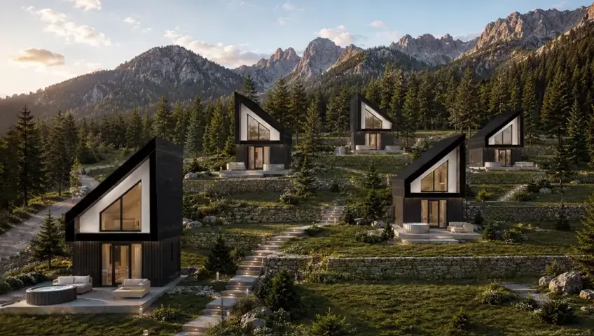 Casa Elena, cabane cuplate cu acoperiș înclinat, într-un resort de munte