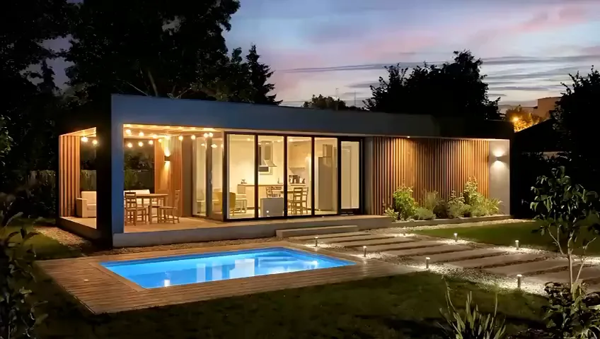 Casă modernă cu acoperiș plat și piscină, văzută din grădină la lumina serii