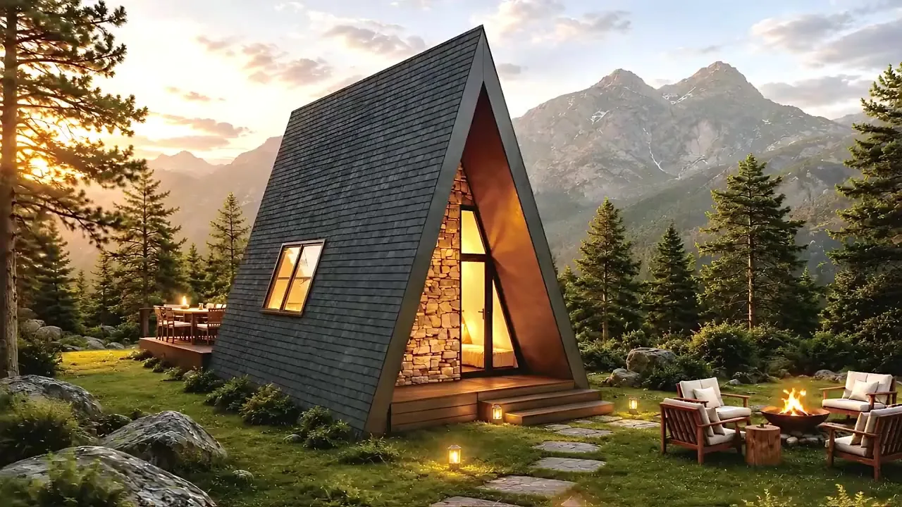 Casa Ingrid, A-Frame cu fațade vitrate și placare de piatră