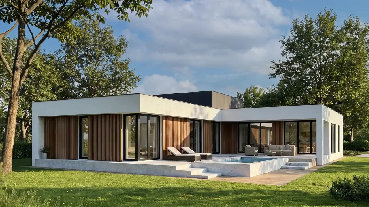 Casă contemporană în formă de L, cu placare de lemn și piscină