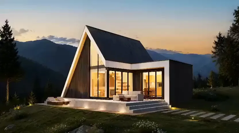 Casă A-frame cu terasă, la asfințit, cu munți în fundal