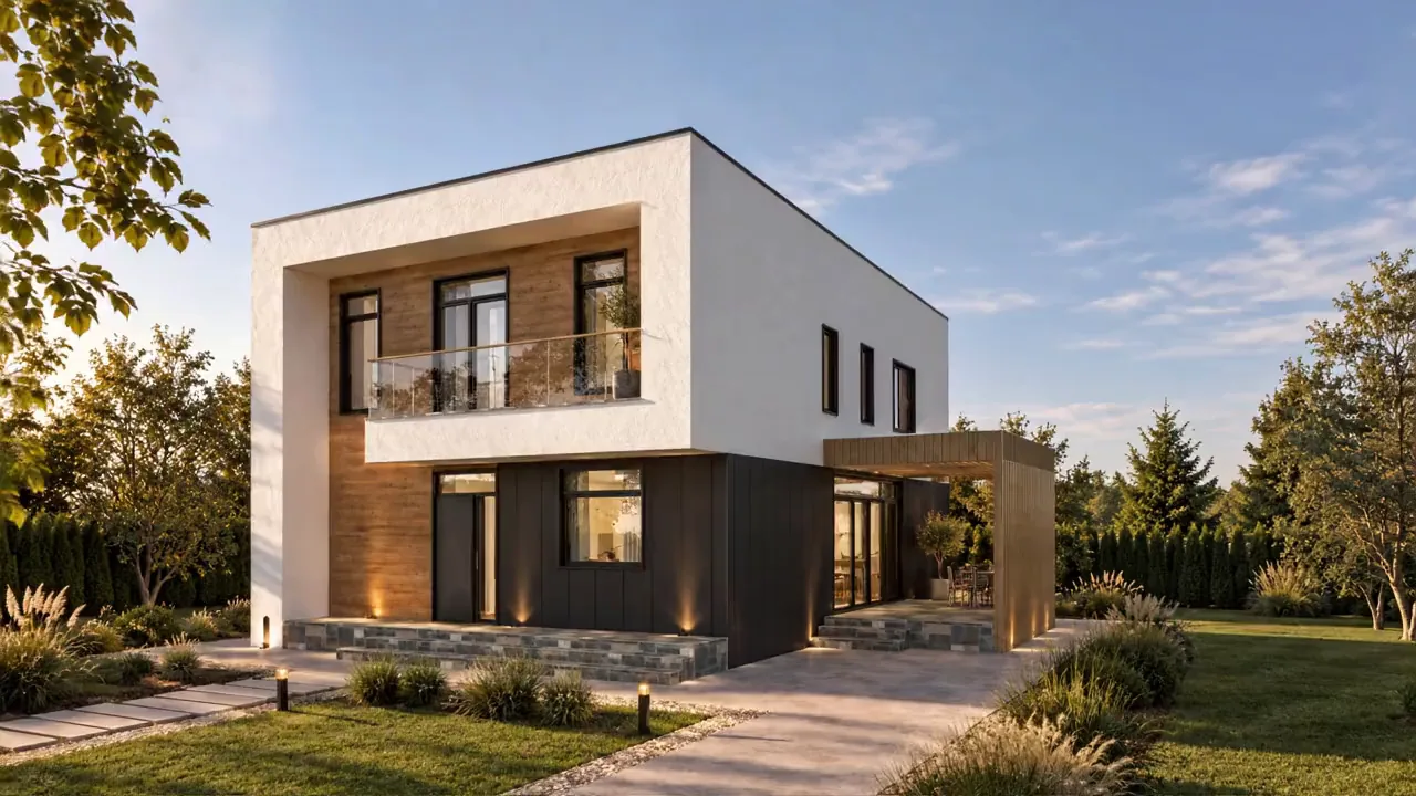 Casa Sara, casă cu etaj în formă de cub, tencuială albă, lemn și tablă închisă la culoare, la apus