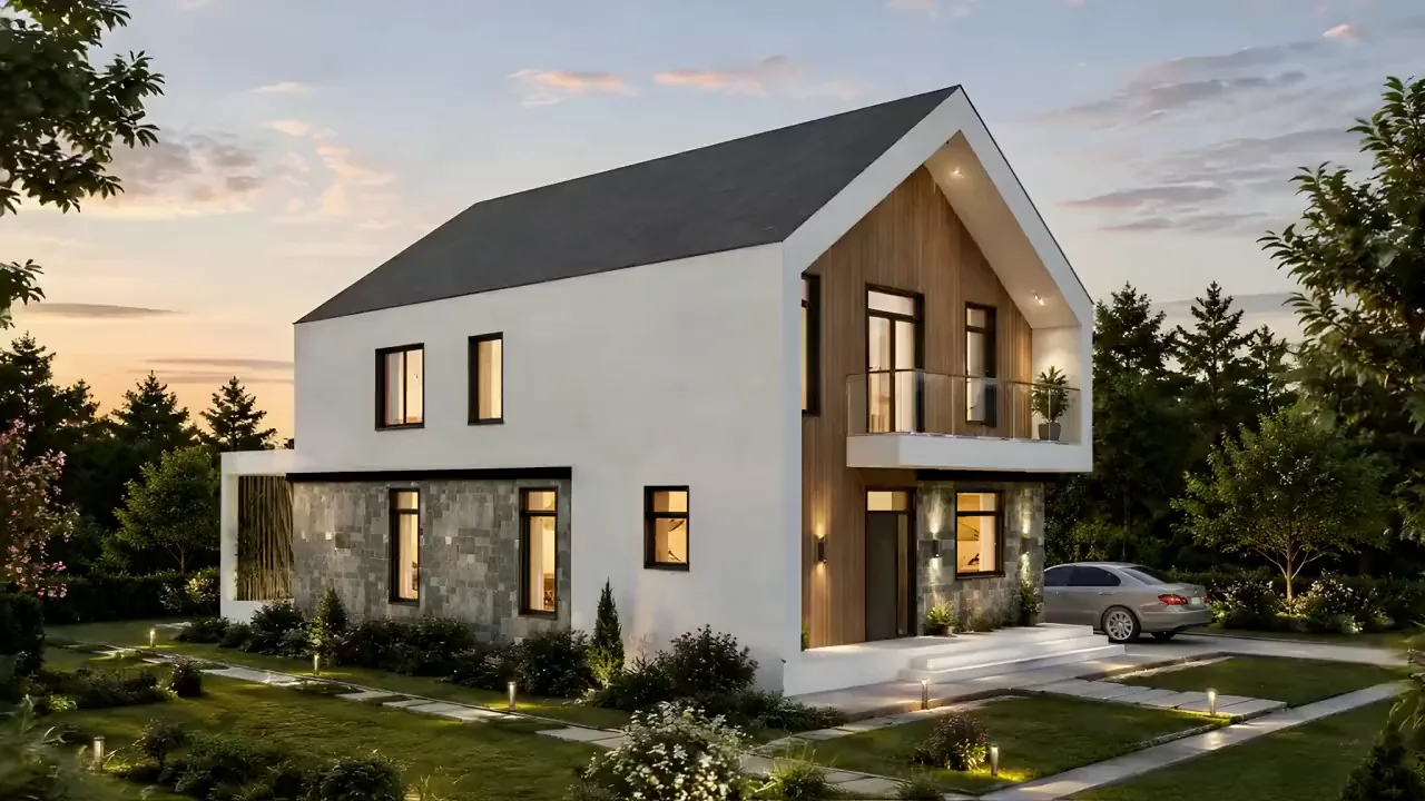 Casa Sara, locuință cu parter și etaj, acoperiș în două ape, finisaje din lemn și piatră