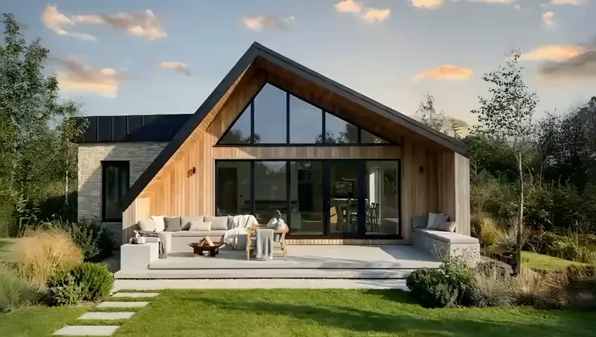 Casă cu acoperiș înalt în două ape, fațadă vitrată și terasă cu mobilier