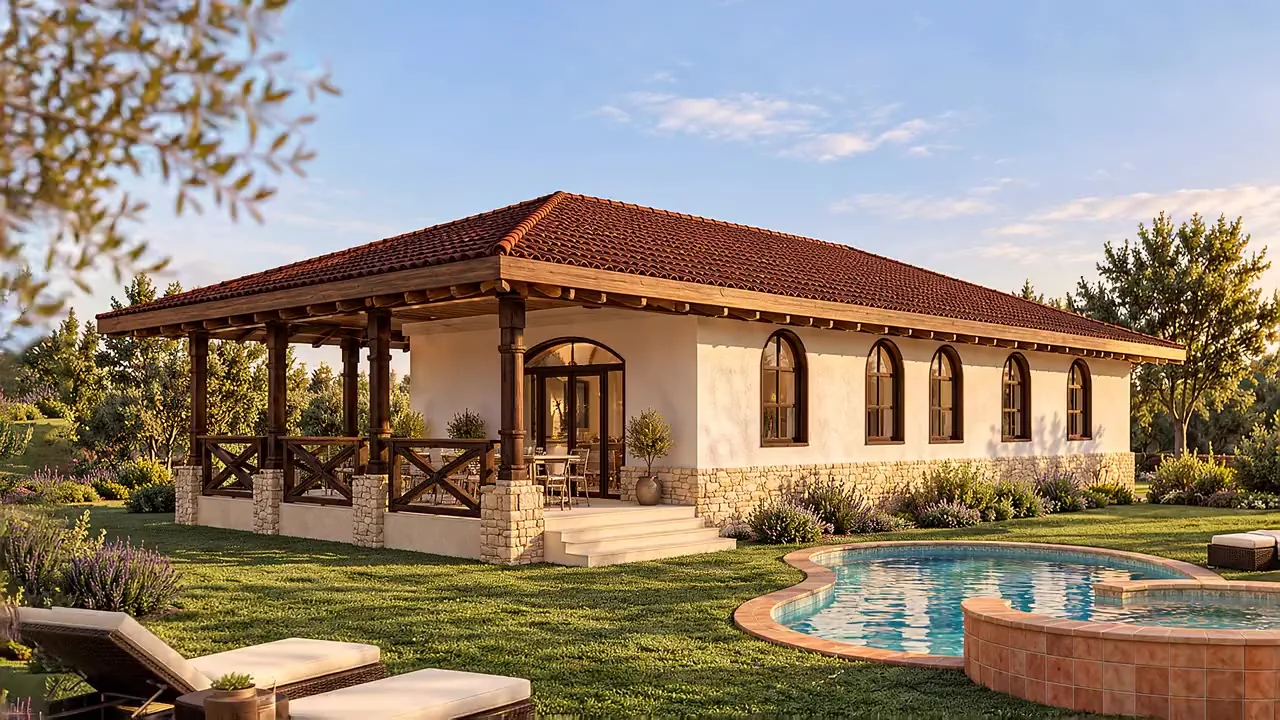 Casa Valeria, casă tradițională pe parter cu acoperiș în patru ape din țiglă roșie, prispă din lemn și piscină