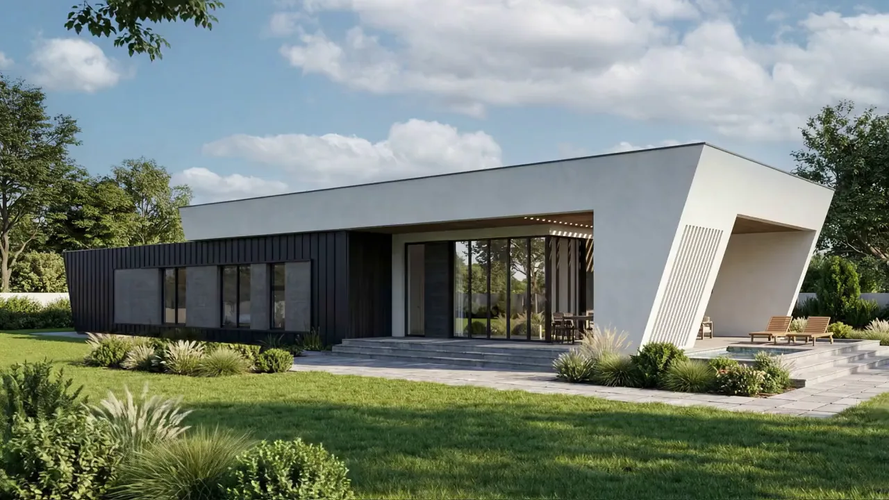 Casă contemporană cu acoperiș înclinat sculptural, placare de piatră și piscină