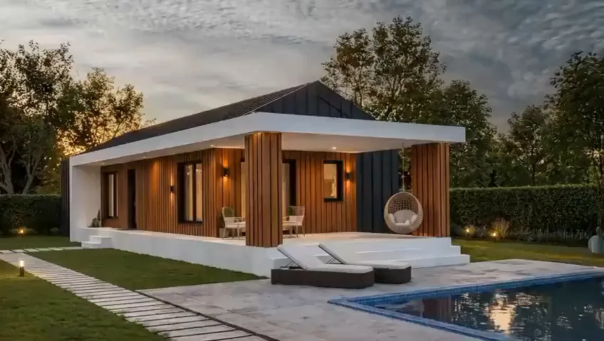 Casă cu acoperiș în două ape, terasă acoperită și piscină