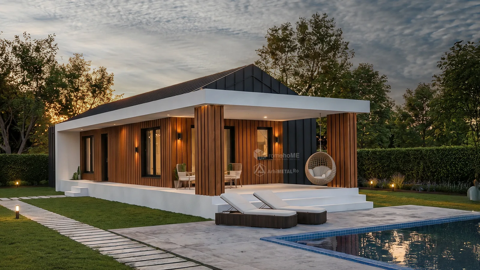 Casa Viviana la asfințit, cu terasa acoperită, șezlongurile și piscina