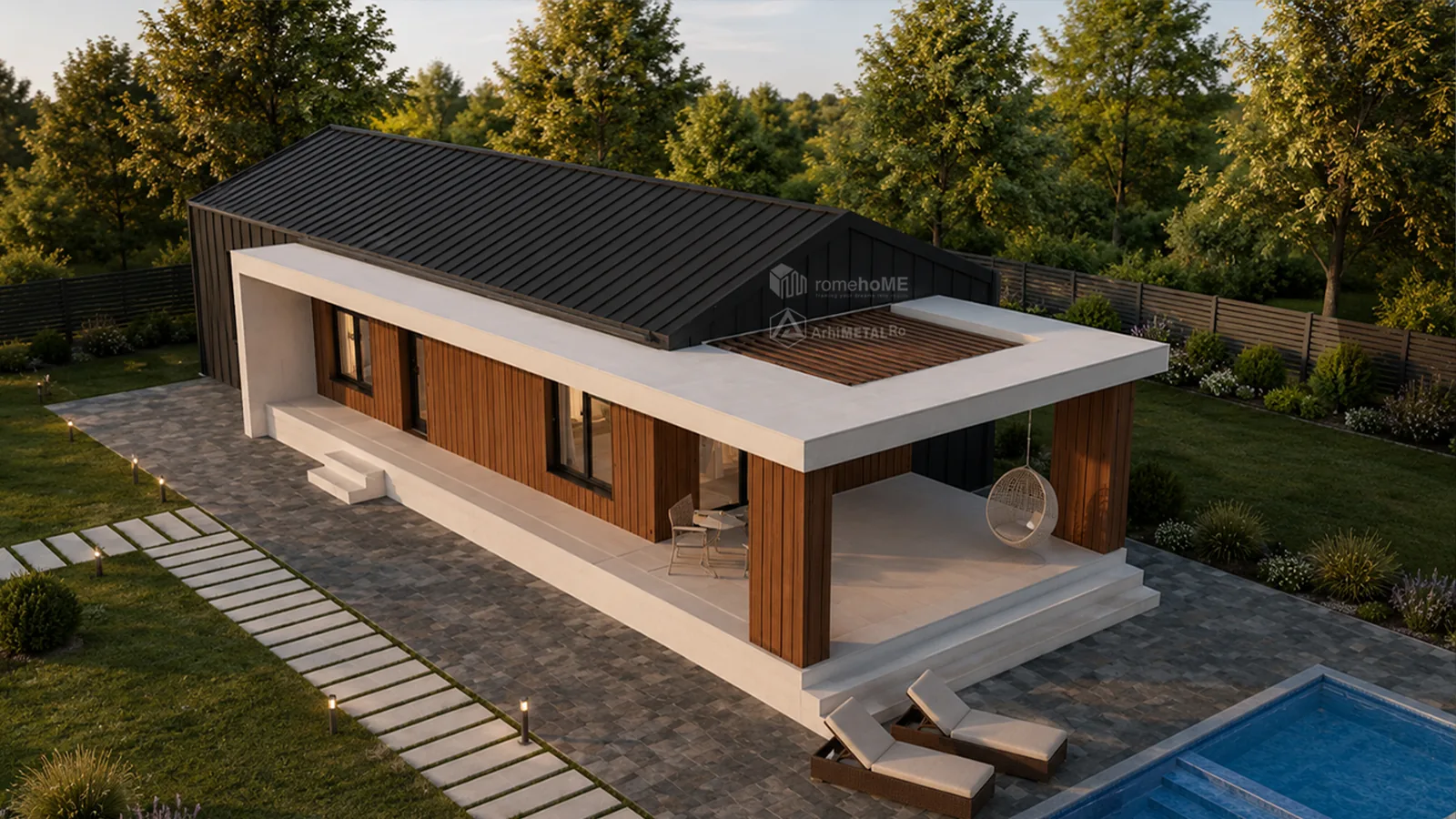 Casa Viviana de sus, cu aleea de dale și piscina alăturată
