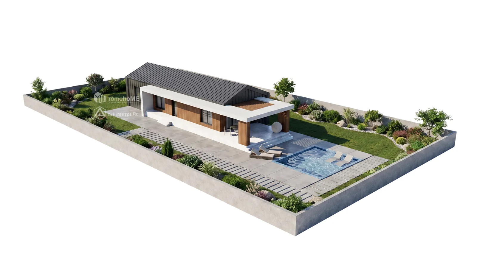 Axonometria Casei Viviana, cu terenul amenajat, terasa și piscina