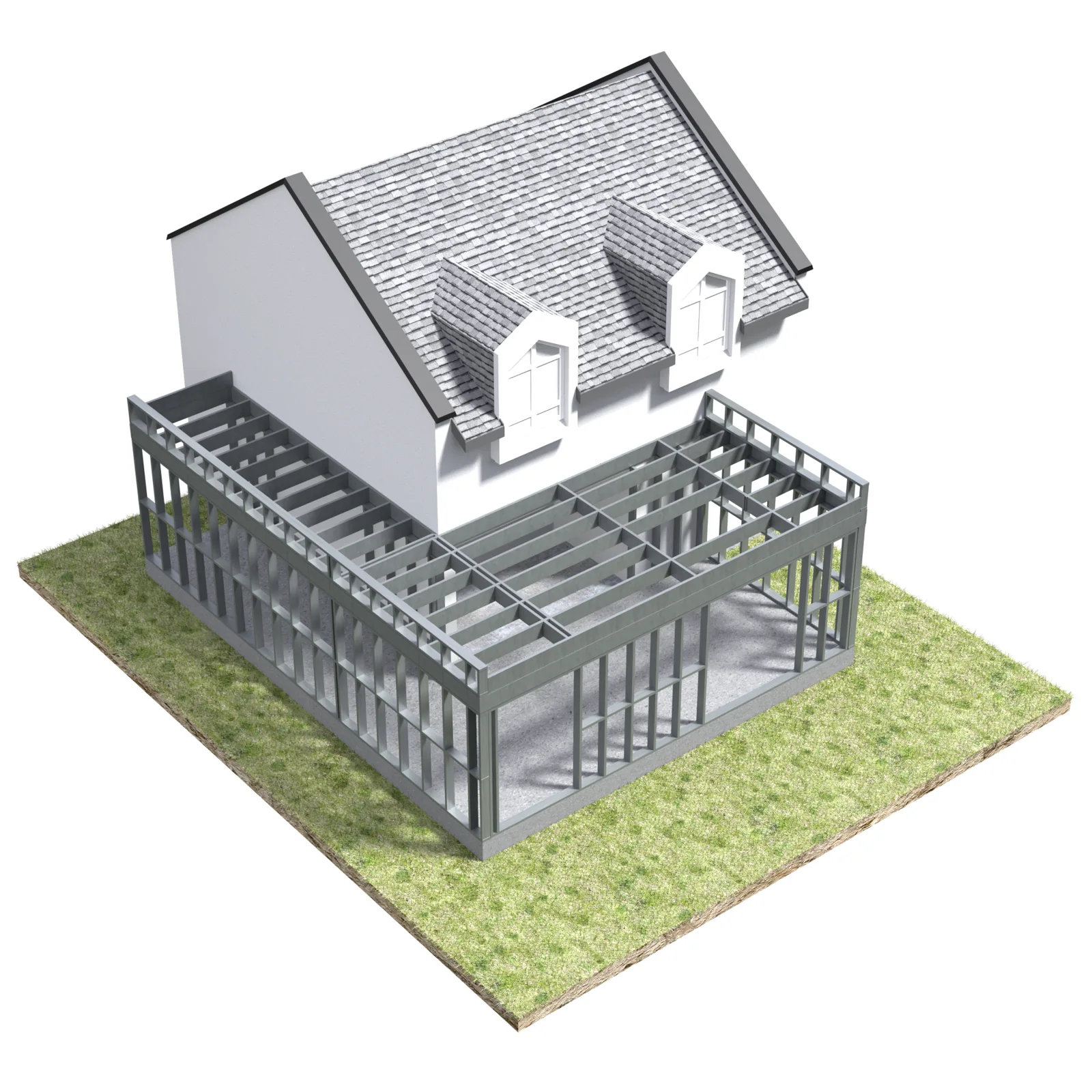 Structura metalică a extinderii, montată lângă casa existentă