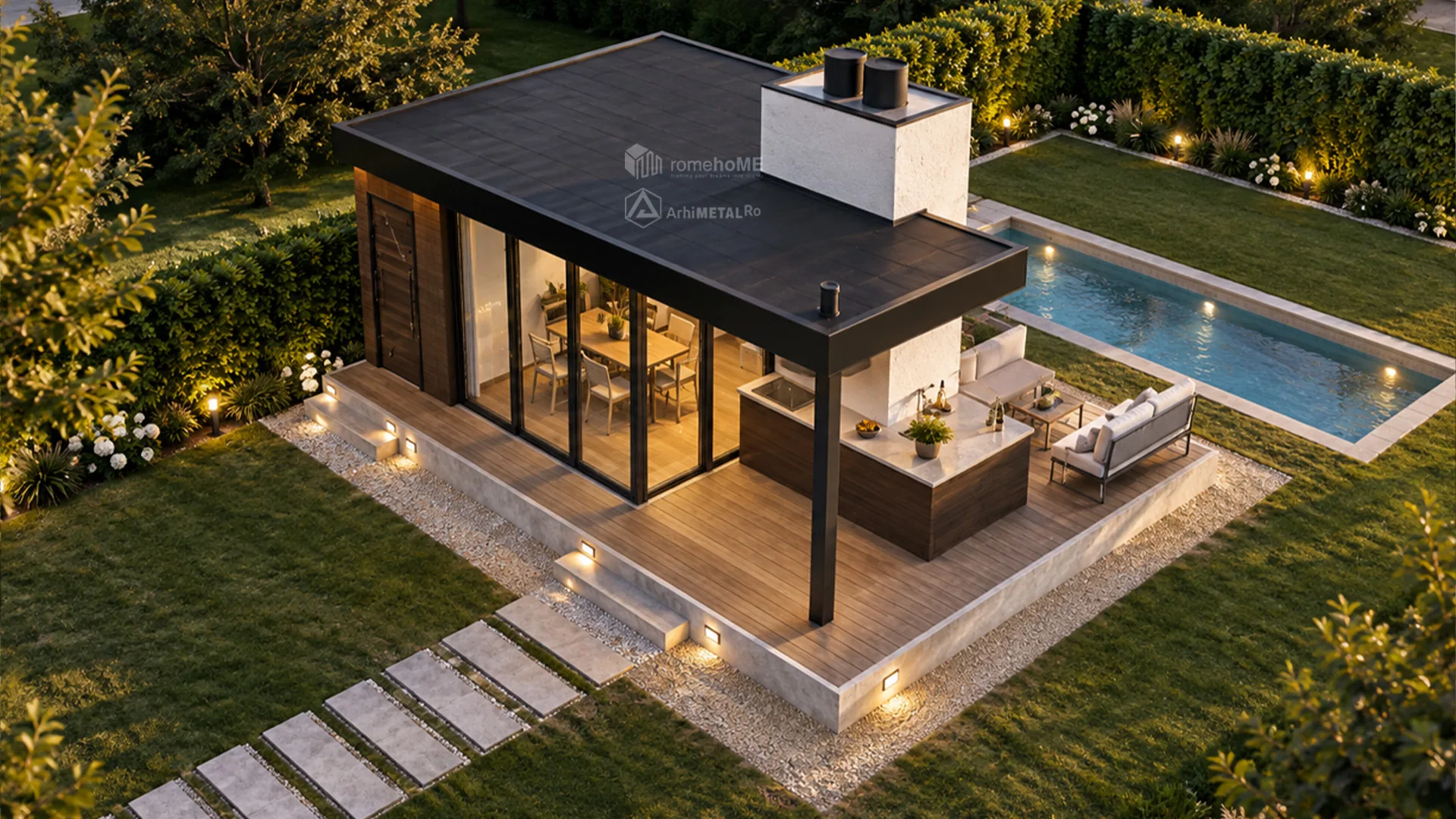 Modulul BT-002 văzut de sus, cu acoperișul, terasa și piscina