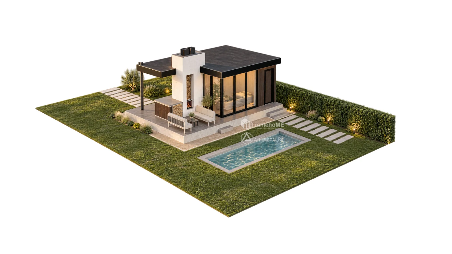 Axonometria modulului BT-002, cu terasa și piscina