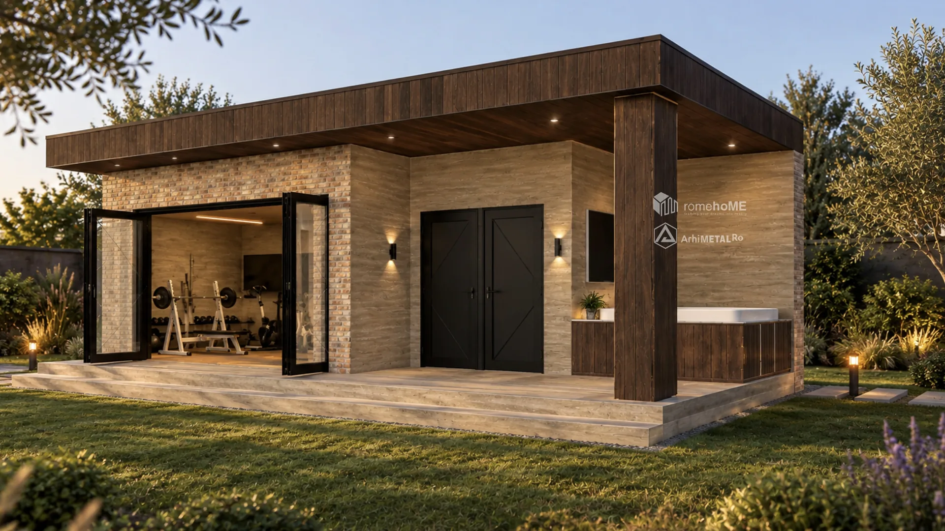 Modulul F-001 din față la asfințit, cu ușile vitrate deschise spre sala de fitness și jacuzzi alături