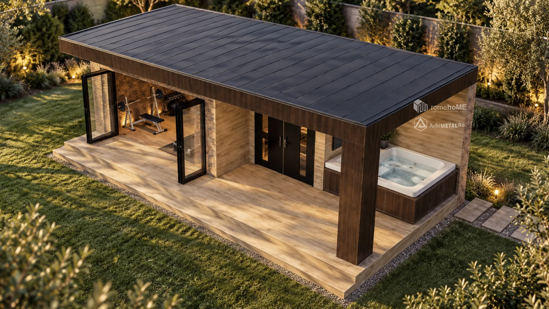Modulul F-001 văzut de sus, cu acoperișul plat, terasa de lemn și jacuzzi