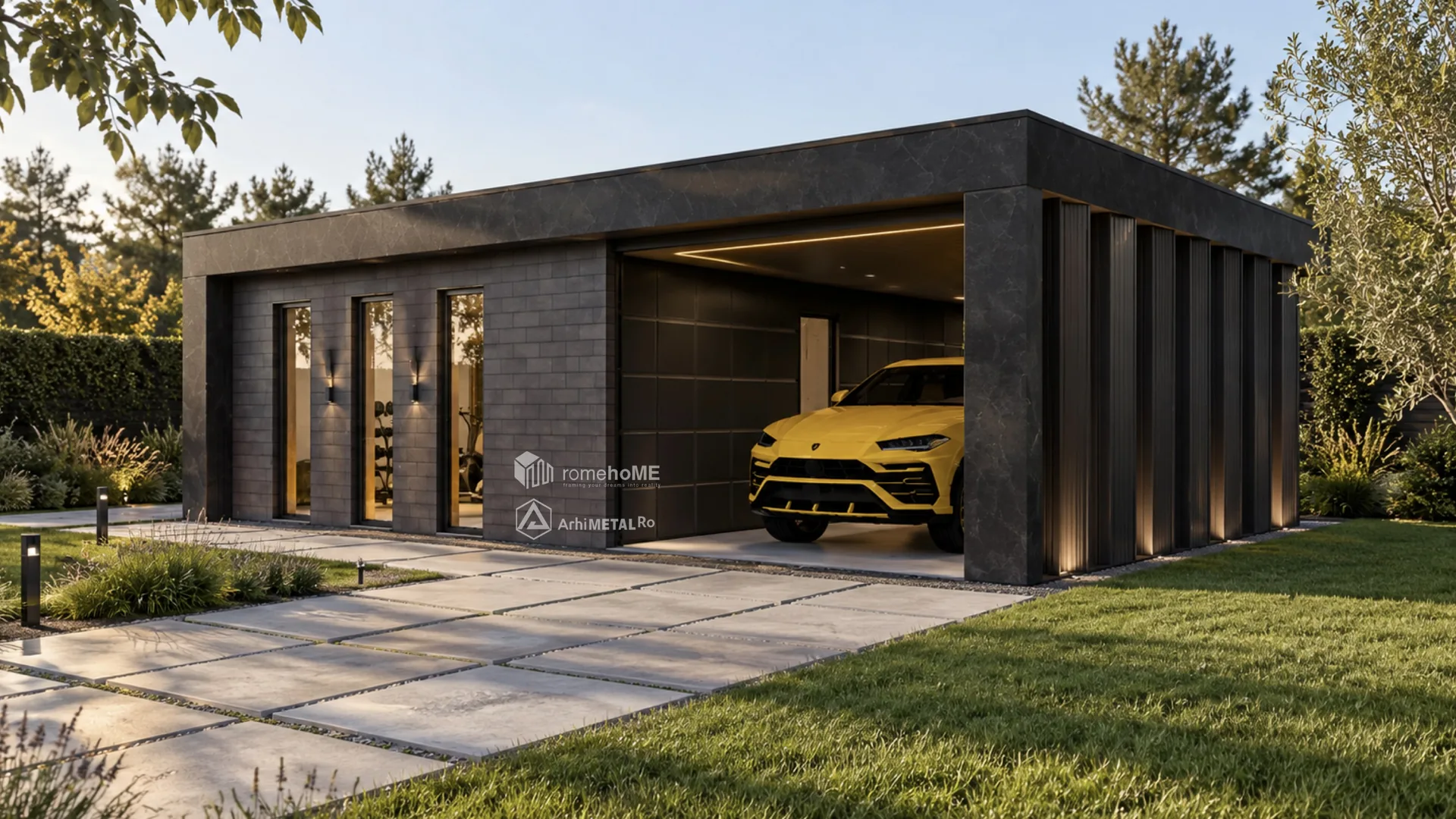 Modulul F-003 la asfințit, cu garajul deschis și lamelele verticale luminate