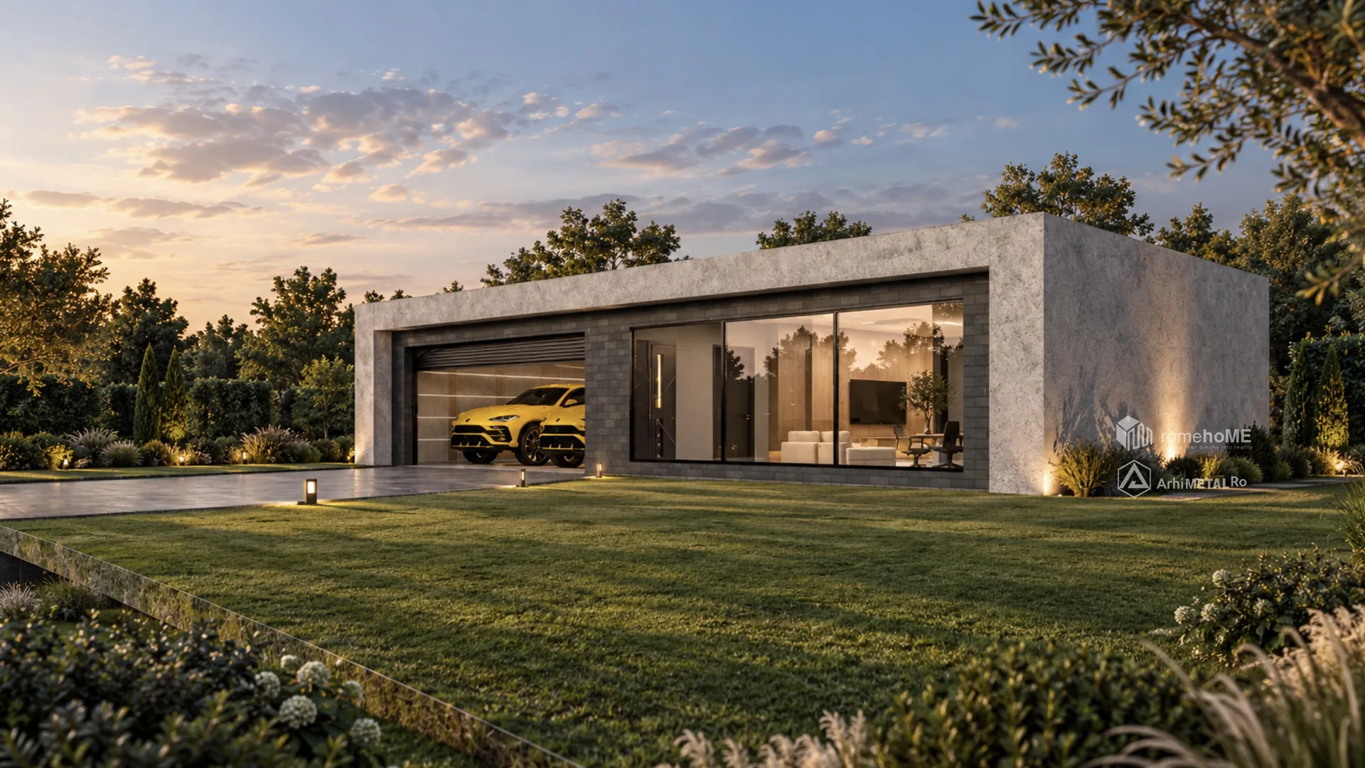 Modulul MC-007 din grădină, cu vitrajul zonei de relaxare