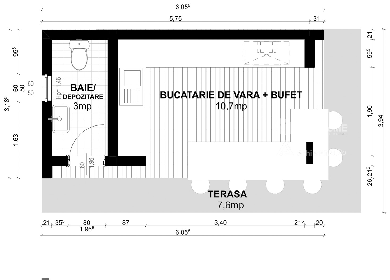 Planul modulului B-001: baie sau depozitare, bucătărie de vară cu bufet și terasă, cu cote
