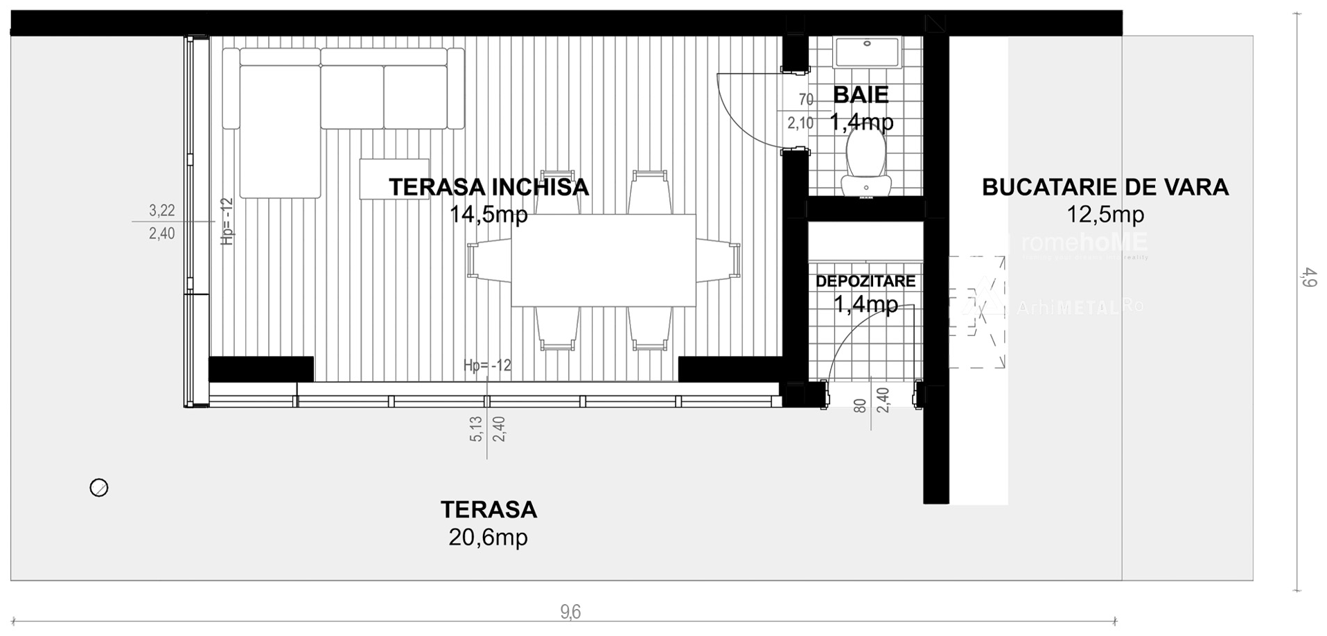 Planul modulului BT-001: terasă închisă, baie, depozitare, bucătărie de vară și terasă deschisă, cu cote