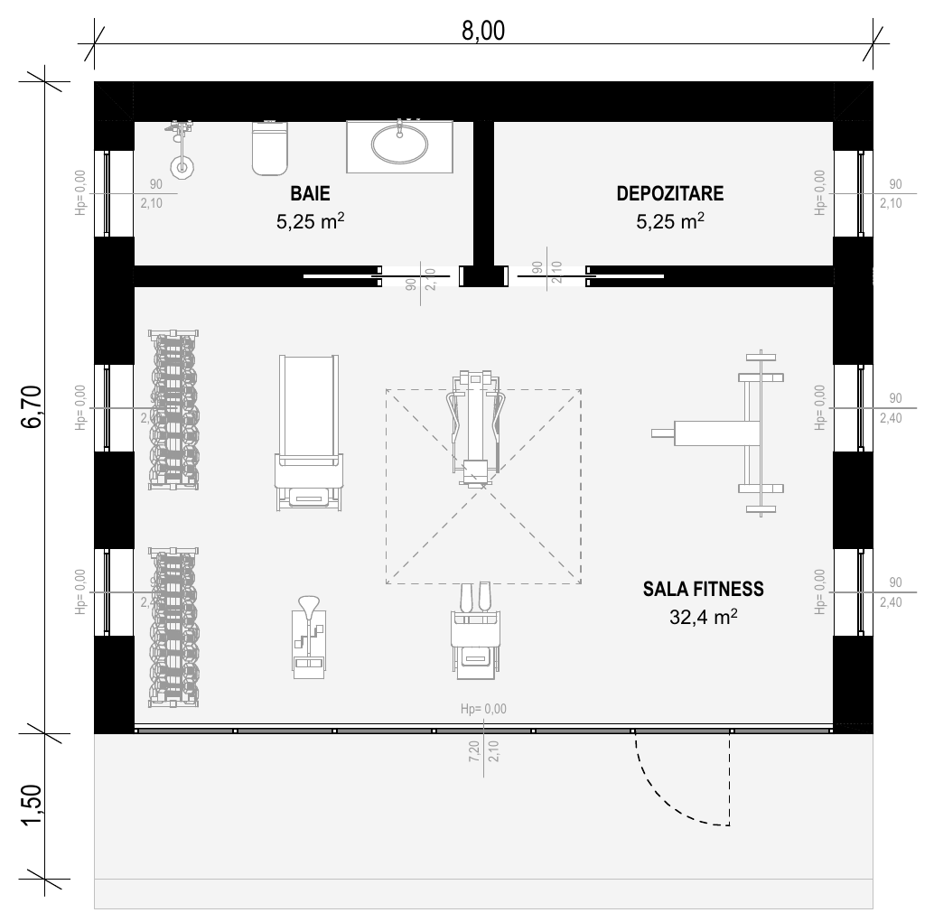 Planul modulului F-002: sala de fitness, baia și depozitarea, cu platforma de la intrare și cote