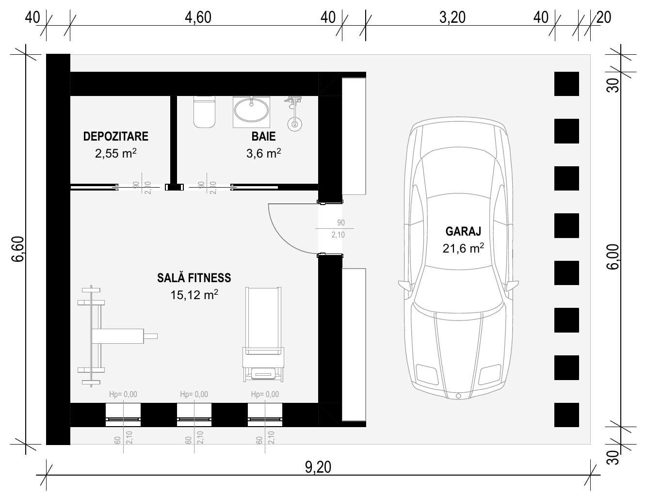 Planul modulului F-003: sala de fitness, depozitarea și baia, cu garajul deschis alături, cu cote