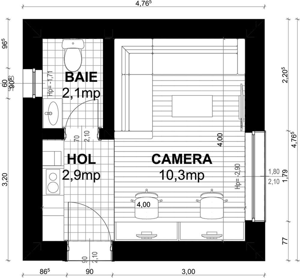 Planul modulului MC-004: camera cu canapea și birou, holul cu chicinetă și baia, cu cote