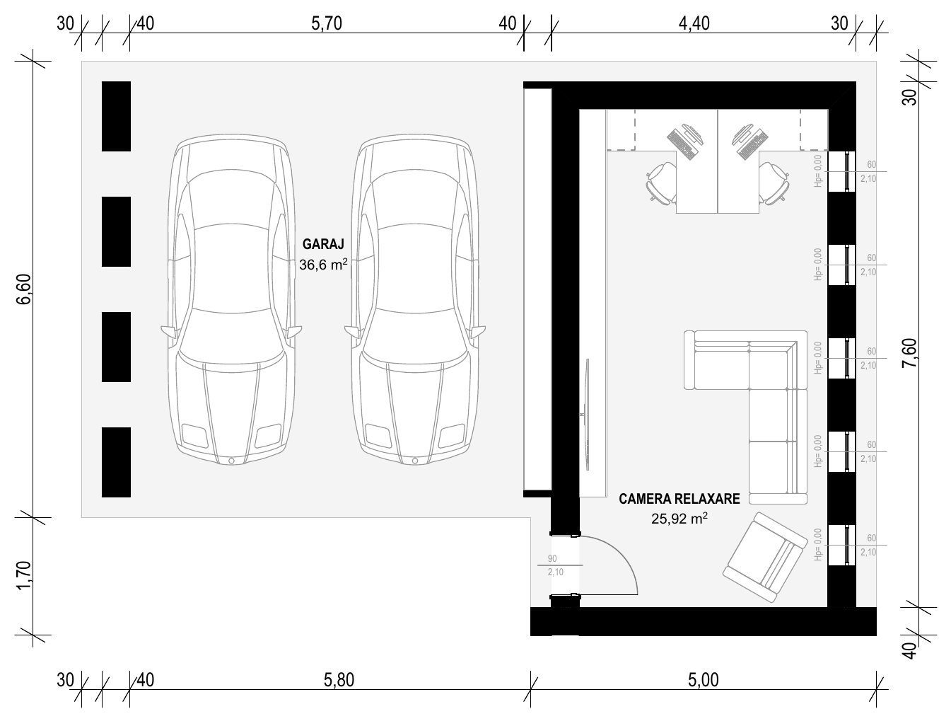 Planul modulului MC-005: garajul deschis pentru două mașini și camera de relaxare, cu cote