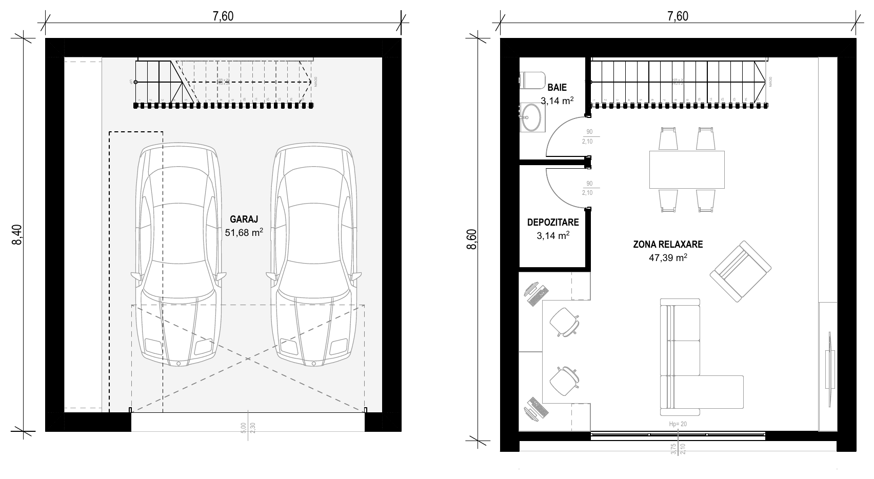Planul modulului MC-006: la parter garajul pentru două mașini și scara, la etaj zona de relaxare, depozitarea și baia, cu cote