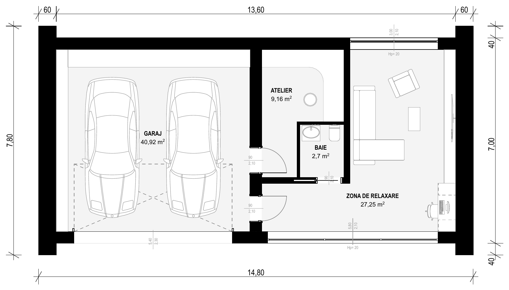 Planul modulului MC-007: garajul pentru două mașini, atelierul, baia și zona de relaxare, cu cote
