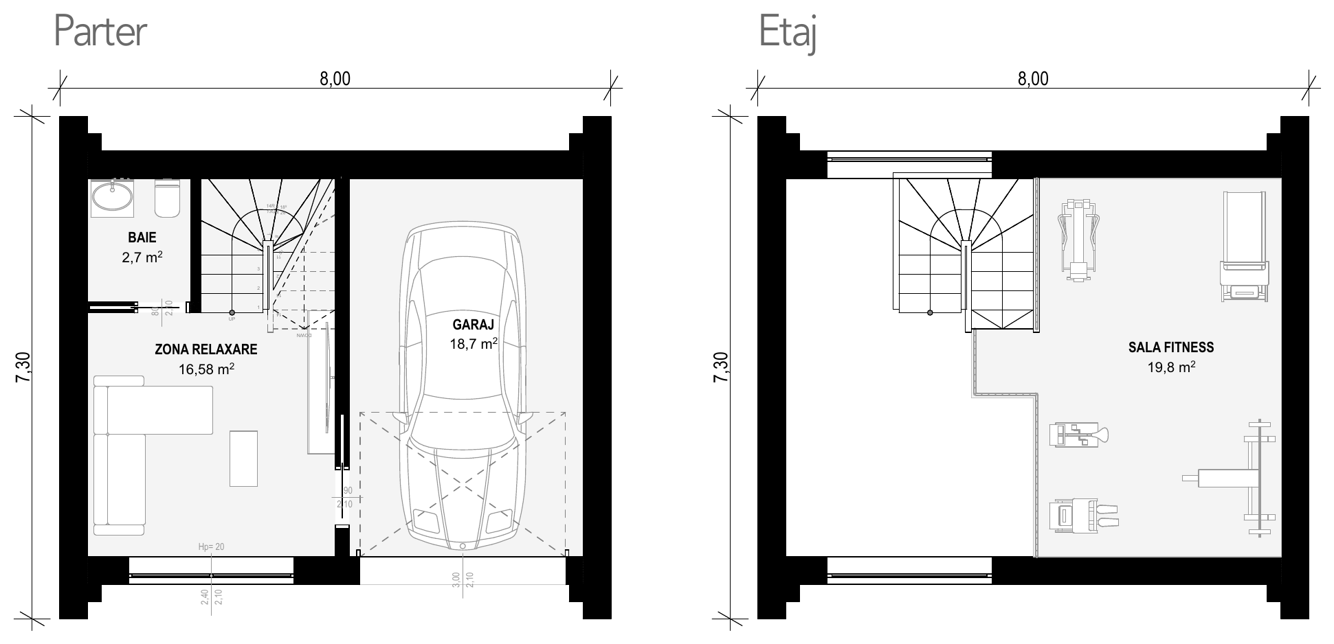 Planul modulului MC-008: la parter garajul, baia, zona de relaxare și scara, la etaj sala de fitness, cu cote
