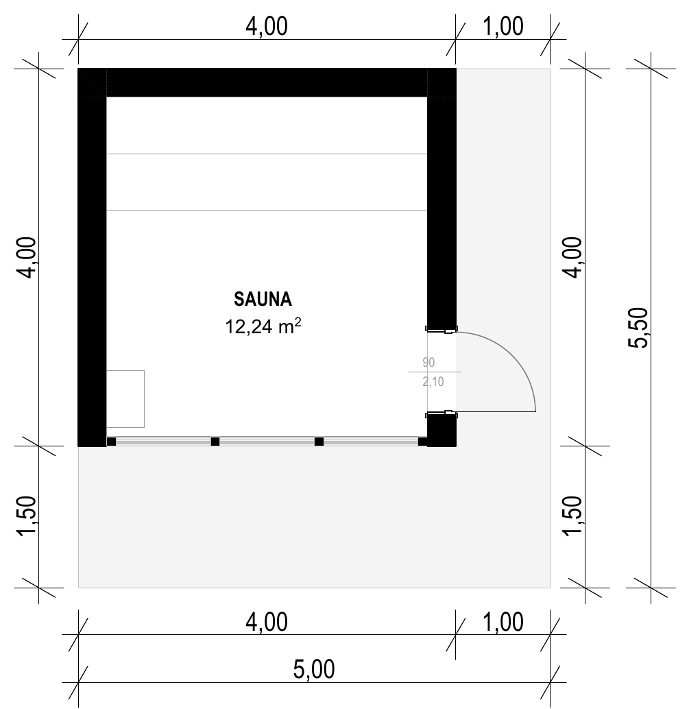 Planul modulului S-002: sauna, cu terasa în față, cu cote