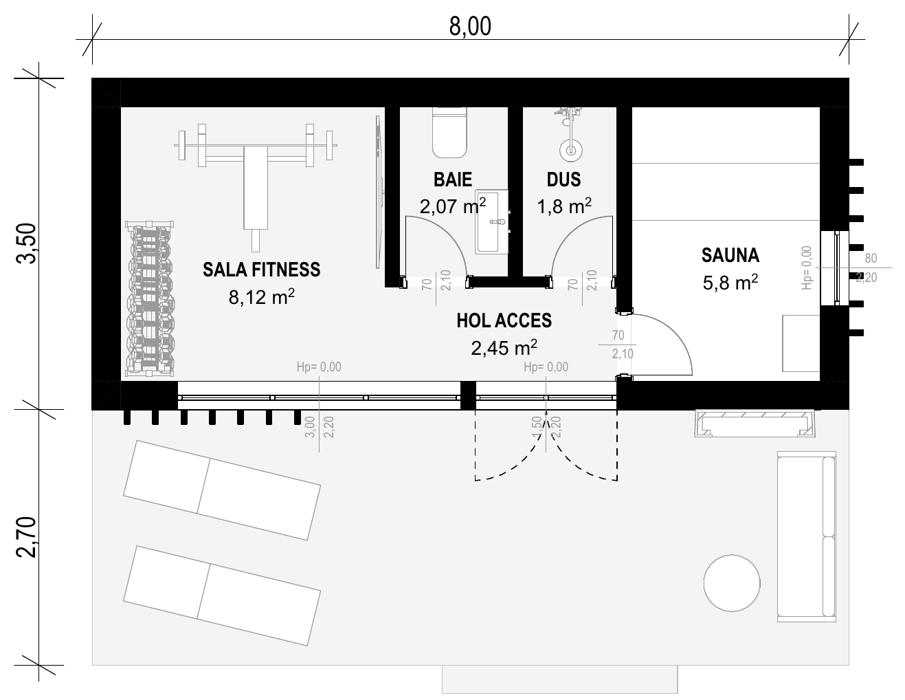 Planul modulului S-003: sala de fitness, holul de acces, baia, dușul și sauna, cu terasa în față, cu cote