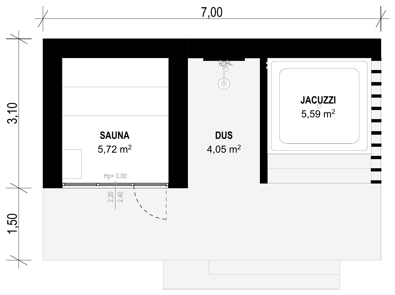 Planul modulului S-004: sauna, dușul și jacuzzi, cu terasa în față, cu cote