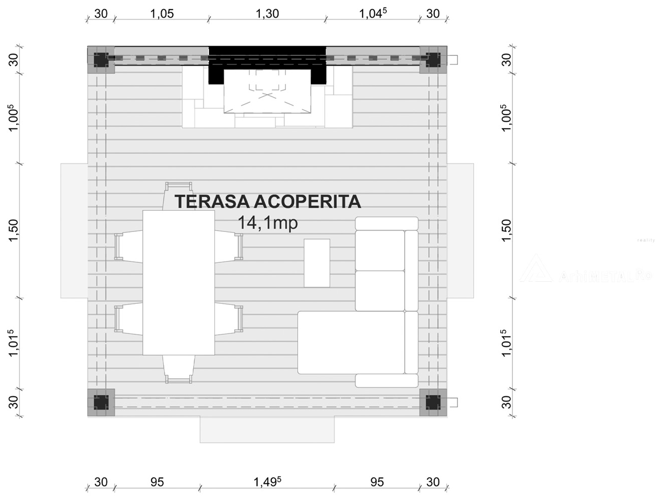 Planul modulului T-001: terasă acoperită cu vatra de foc pe o latură, cu cote