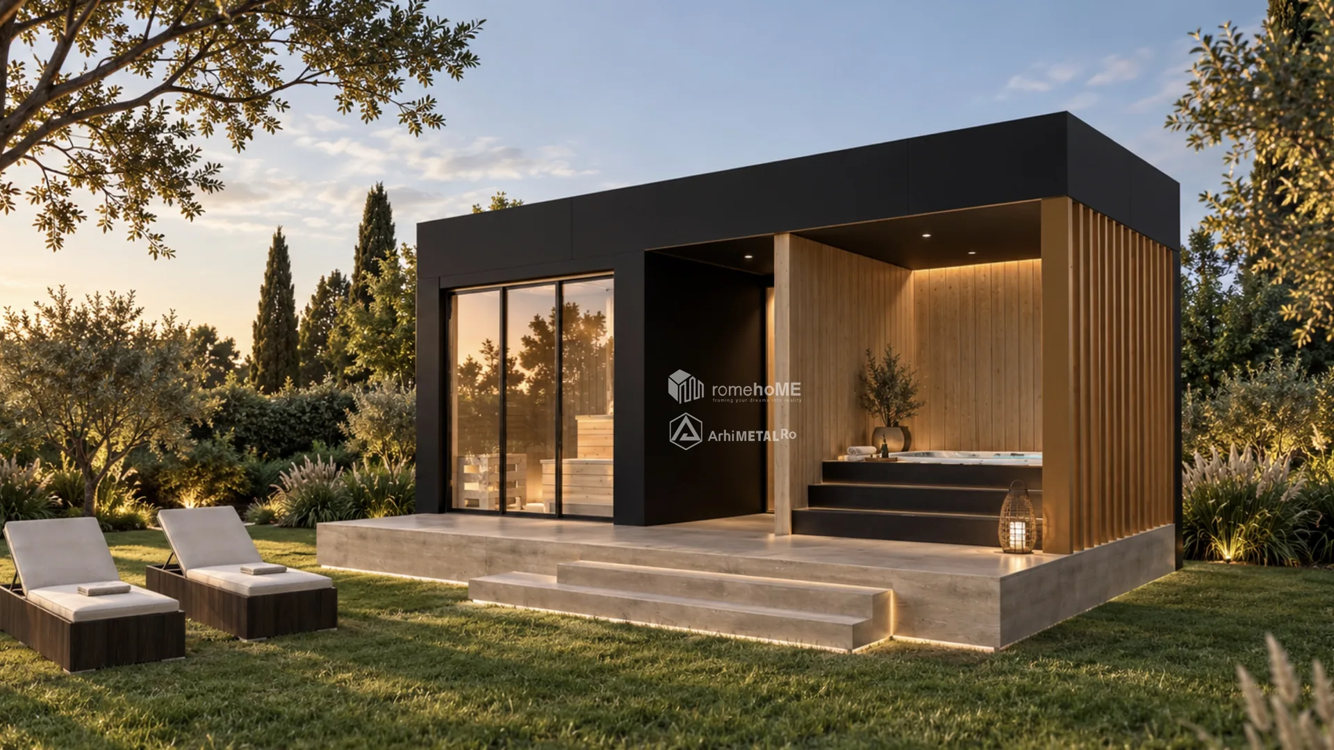Modulul S-004 la asfințit, cu sauna vitrată, jacuzzi și șezlongurile din față