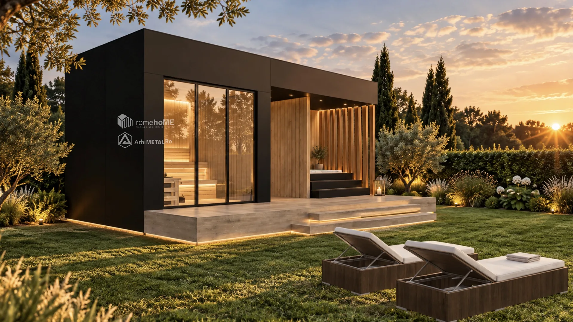 Modulul S-004 din lateral, cu vitrajul saunei