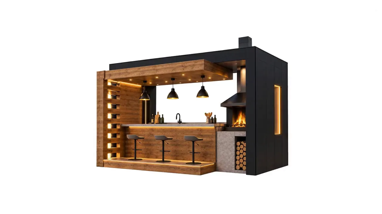 Modulul B-002, volum negru cu bucătărie de vară și bar placat cu lemn