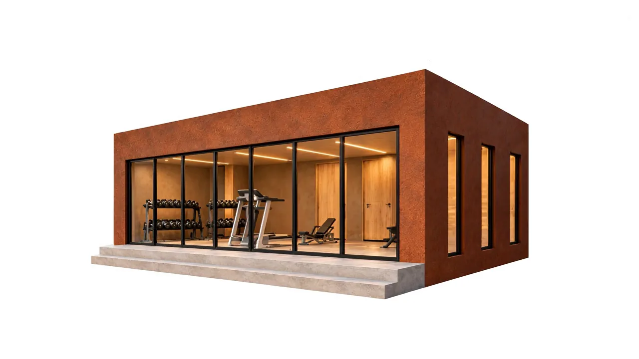 Modulul F-002, volum placat cu tablă corten, cu fațadă vitrată spre sala de fitness