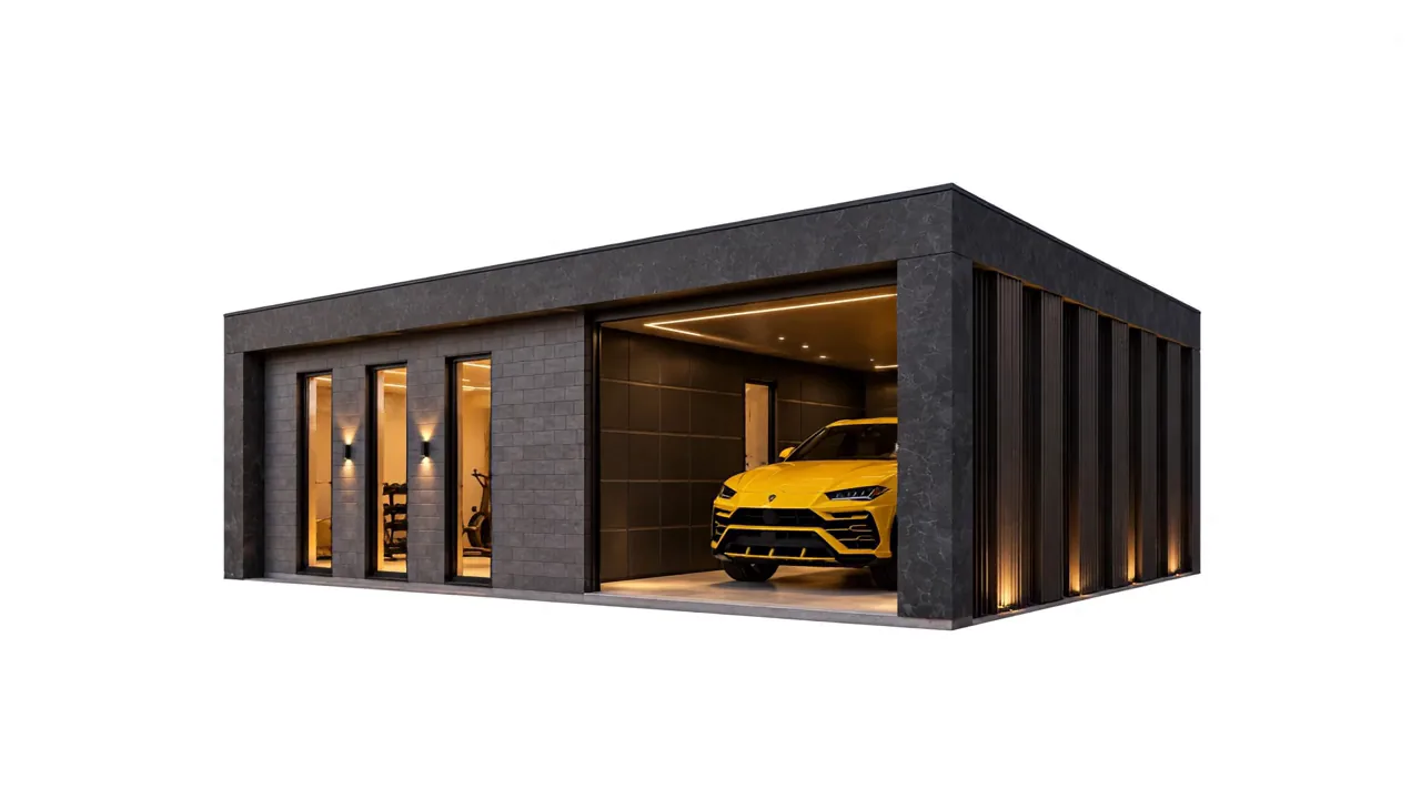 Modulul F-003, volum închis la culoare cu lamele verticale și garaj deschis cu o mașină galbenă