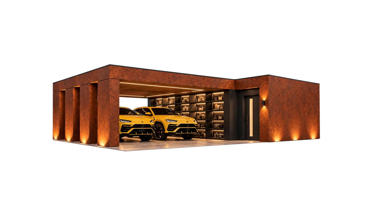 Modulul MC-005, volum corten cu stâlpi luminați și garaj deschis pentru două mașini galbene