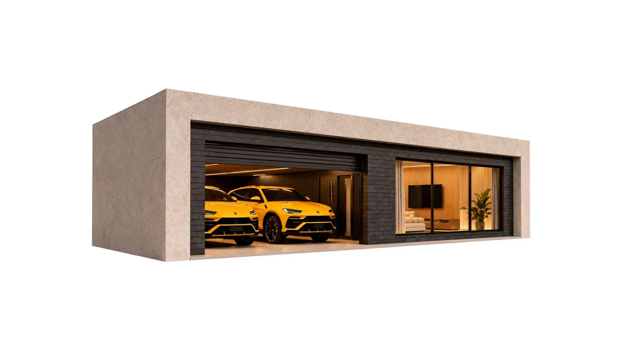 Modulul MC-007, volum lung de beton cu garaj vitrat pentru două mașini și zonă de relaxare