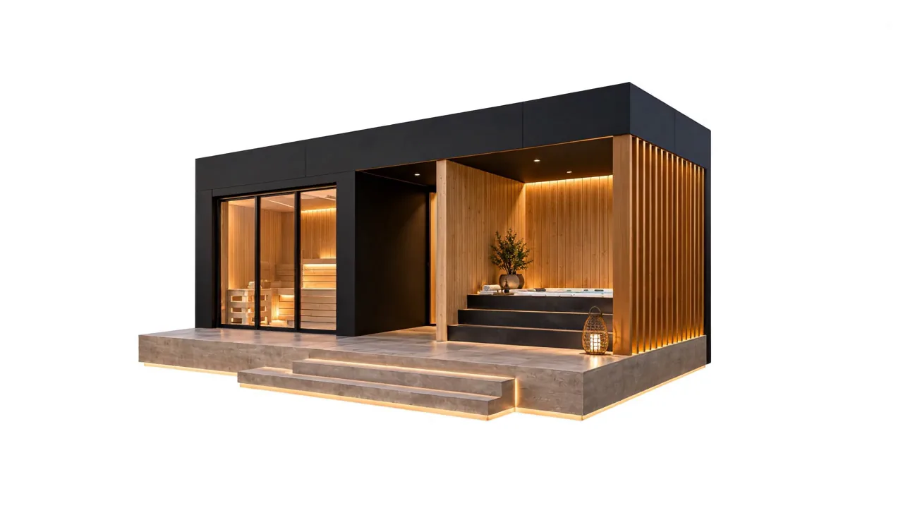 Modulul S-004, volum negru cu saună vitrată, jacuzzi sub streașină și lamele verticale de lemn