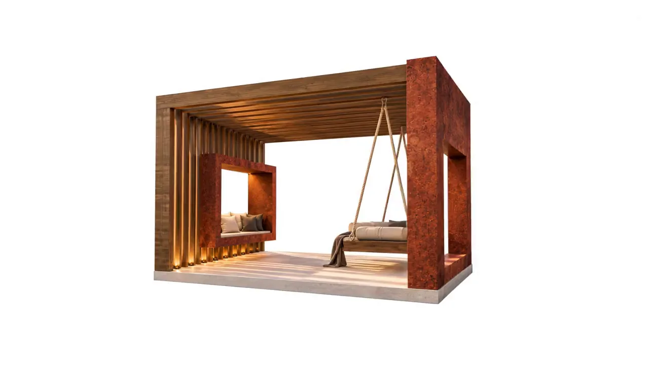 Modulul T-003, foișor cu lamele verticale de lemn, cadru ruginiu, banchetă și pat suspendat